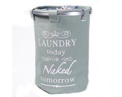 Ronde Wasmand met deksel - 50 L- Tekst LAUNDRY TODAY OR NAKED TOMORROW - Badkamer wasmand afsluitbaar - Waszak - Groen