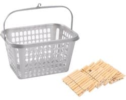 Wasknijpersmandje met haak en 100 stuks houten wasknijpers - Was ophangen - handige huishouden artikelen