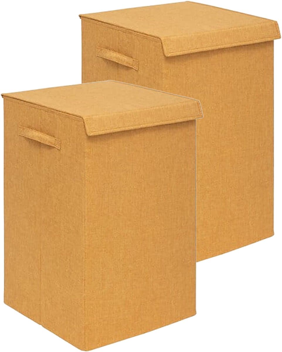 5Five Eureka sorteer wasmand - 2x - 74 liter - okergeel - 37 x 37 x 60 cm - MDF/Polyester stof - met afsluitklep — afbeelding 1