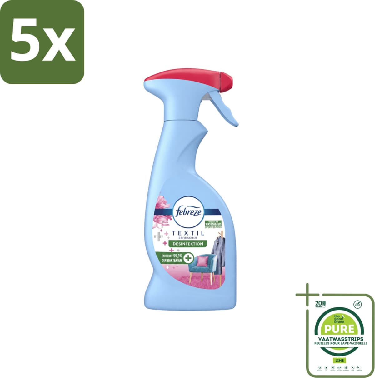 5 x Febreze – Textielspray – Roze Anjers – 375 ml - Grootverpakking - Vaatwasstrips - Textielgeur - Textielverzorging - Geurverwijdering - Textielspray - Roze Anjers — afbeelding 1