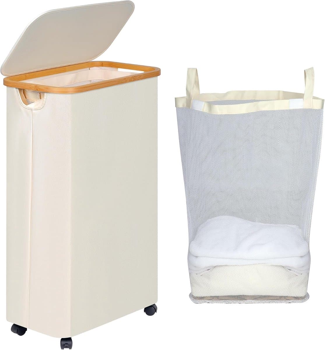 Efluky Vuile wasmand met deksel, wasmand met wieltjes, inklapbare strijkmand met 75 l inhoud, met bamboe handgrepen en afneembare tas, opvouwbare wasmand — afbeelding 1