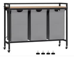 J&R Wasmand kastje - Wasmand met 3 vakken - Wassorteerder - Wasmand tafel - Waszak - Badkamerkast - Wasmand meubel - Wasmand rek - Light oak - Zwart metaal