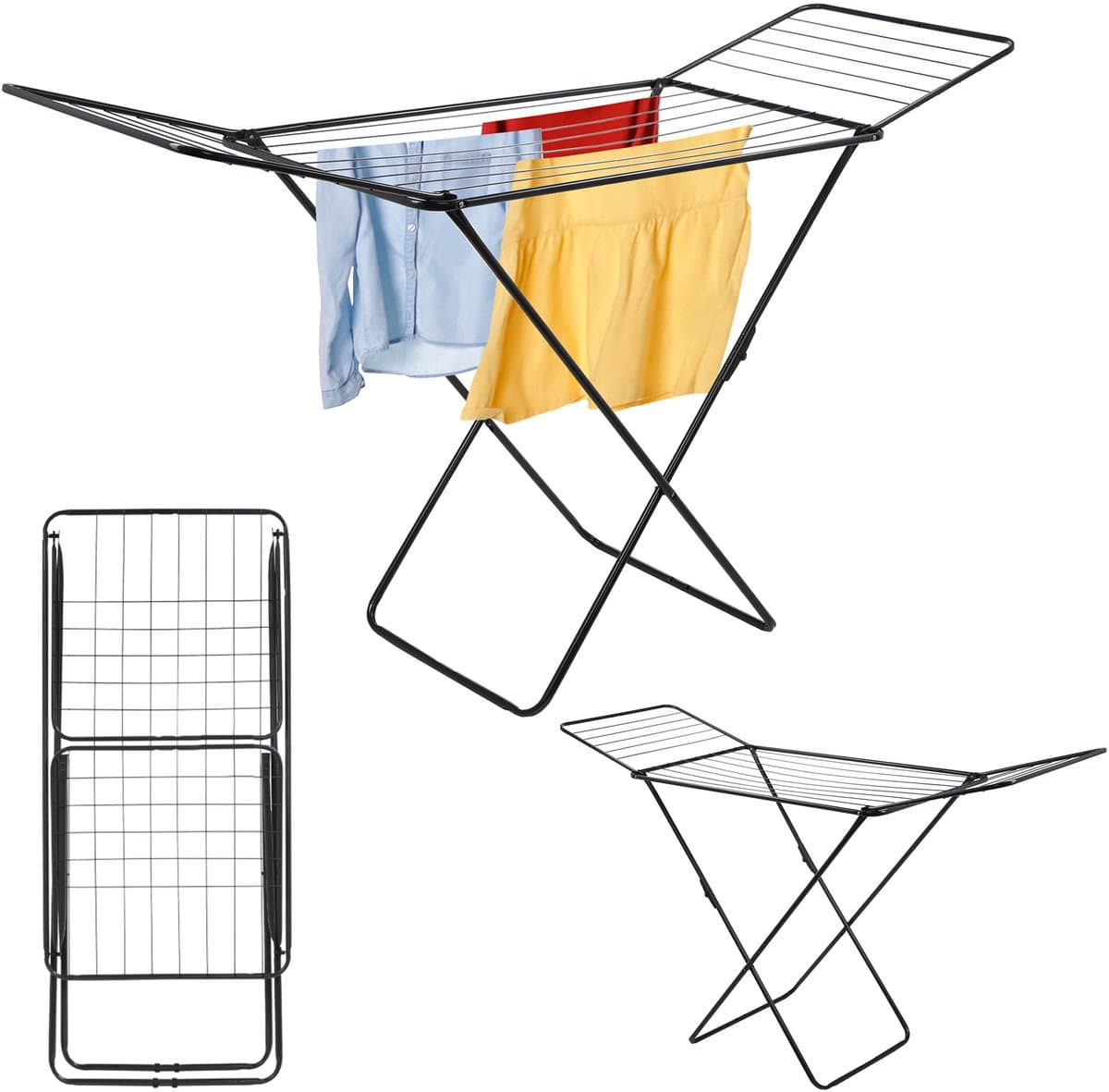 KADAX Droogrek met vleugels, drooglengte 18 m/23 m, luchtstroomdroogrek van gepoedercoat staal, inklapbaar droogrek (zwart/2-vleugels) — afbeelding 1