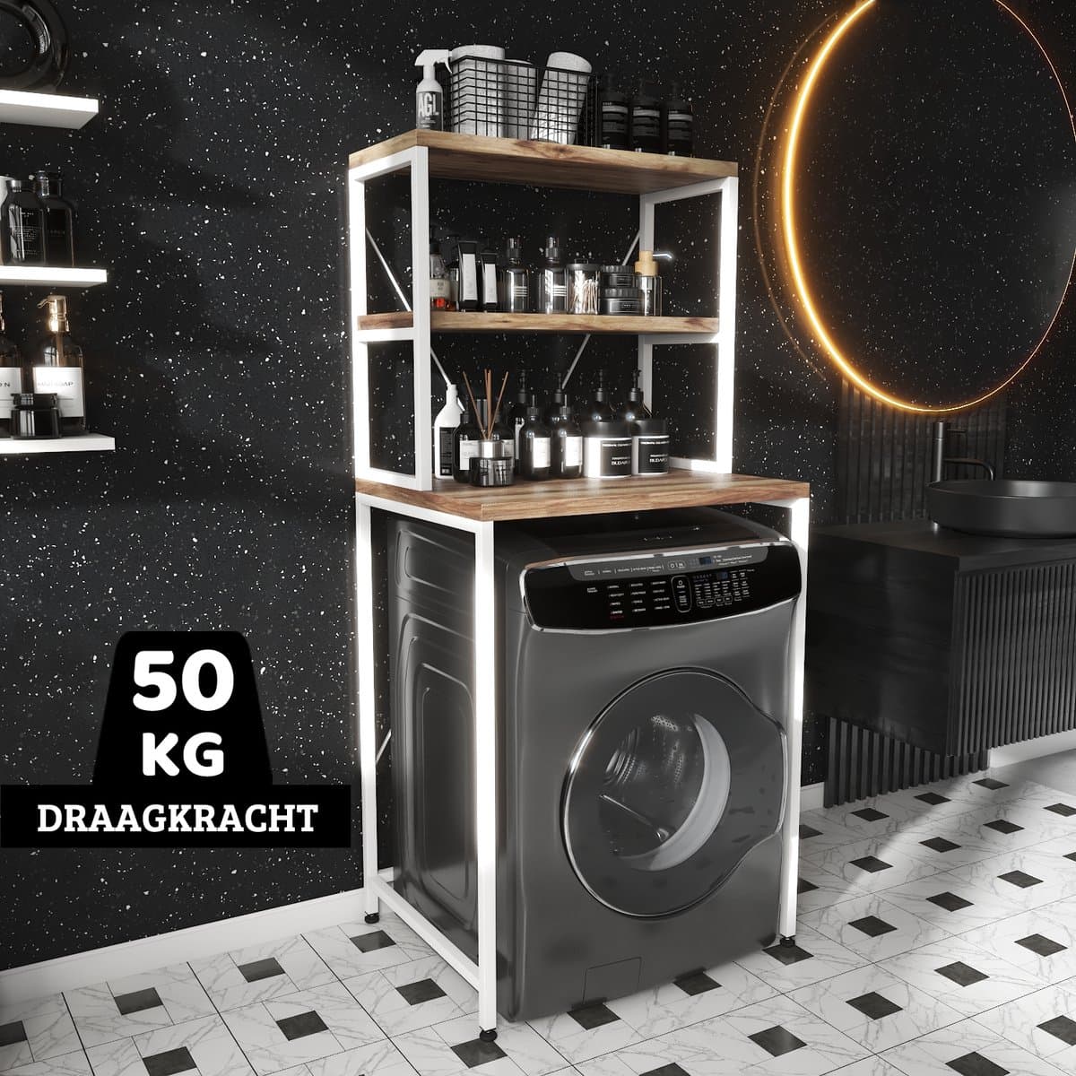 AirSleeperz® wasmachine kast - Droger Ombouw Meubel - Walnoot houtkleur met wit metaal - 3 etages - 50x68x155 cm — afbeelding 1