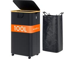 Posity Wasmand op Wielen – 100 Liter – Opvouwbaar – Wasmand Stof - Laundry Basket - Met Deksel & Handvaten - Bamboe - Incl. Waszak - Zwart
