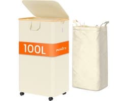 Posity Wasmand op Wielen – 100 Liter – Opvouwbaar – Met Deksel & Handvaten – Wasmand Stof - Bamboe - Laundry Basket - Incl. Waszak - Beige