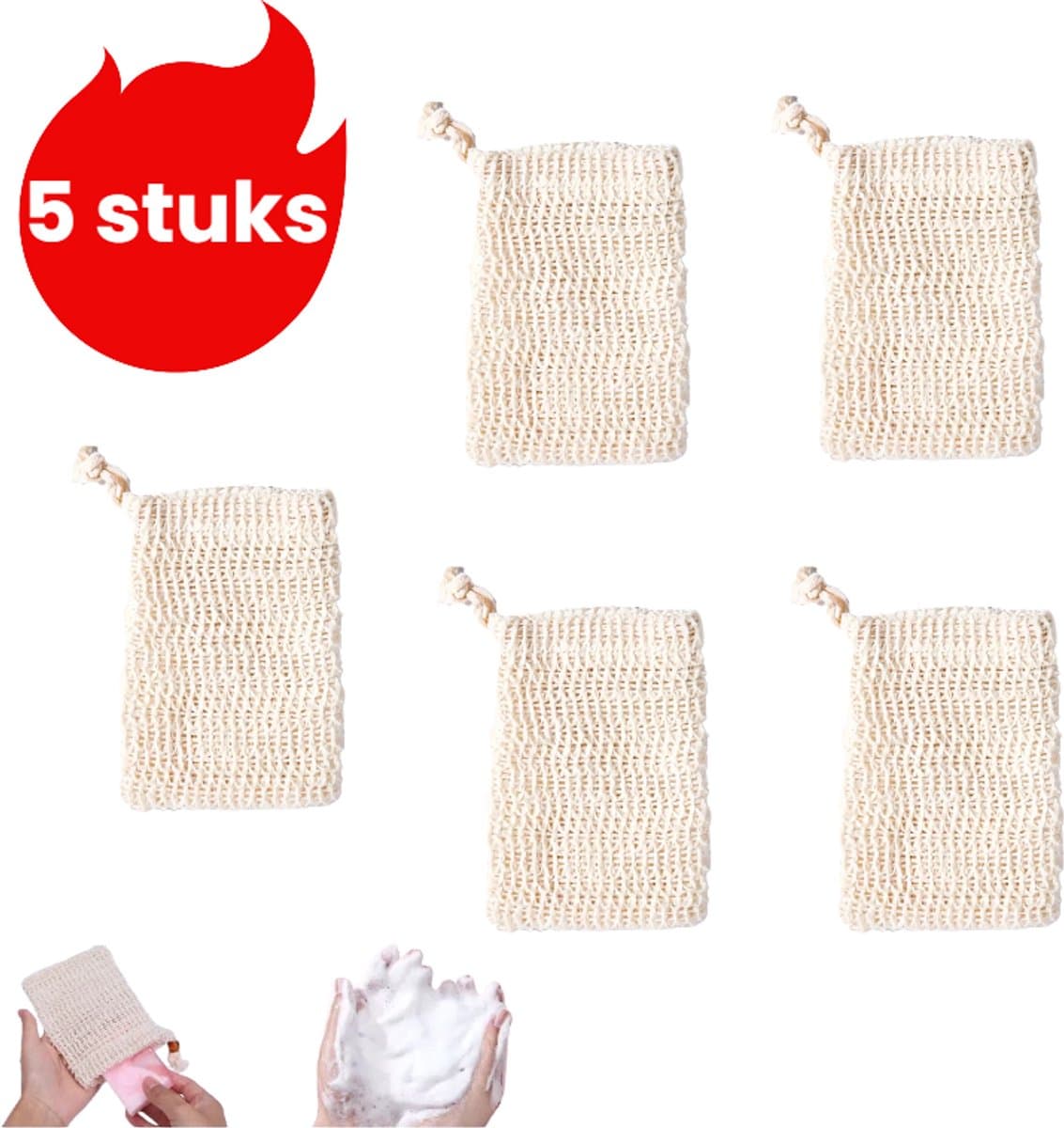 5-delige set - Katoen-linnen schuimende mesh zeepzakjes - Handgemaakte zeepzakjes - Zeepzakjes met trekkoord voor de badkamer - Geknoopt model - Beige — afbeelding 1