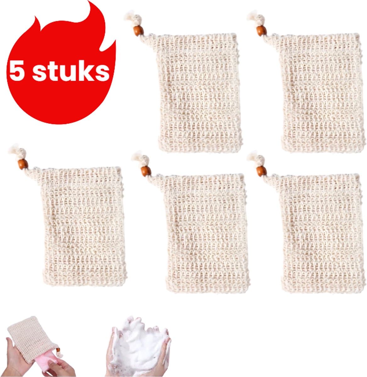 5-delige set - Katoen-linnen schuimende mesh tas - Handgemaakte zeeptas - Badkamer zeeptas met trekkoord - Met kralen - Beige — afbeelding 1
