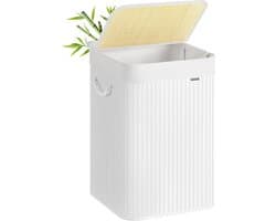 SONGMICS Wasmand, 95 L wasmand met deksel, bamboe wasbox met handgrepen, opvouwbaar, afneembare waszak, machinewasbaar, wasruimte, wit LCB060W01