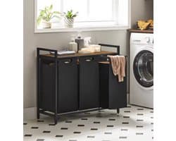 Wasmand 3 Vakken – Metalen Frame met Houten Blad – 3 Uitneembare Waszakken – Was Sorteren Toonbank – Zwart – 92,5 cm