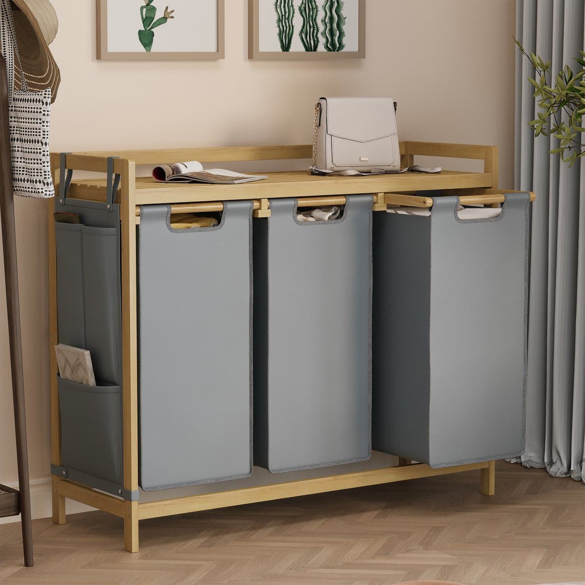 Bealife AP111 Wasmand - Stoffen Sorteermand met 3 vakken van bamboe - 125 liter - Met 3 zakken en opbergzijvak - 78 x 94 x 33 cm (HxBxD) — afbeelding 1