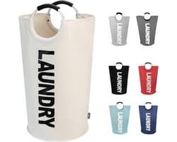 Grote wasmand, opvouwbare waszak met handvat, 90 liter inhoud, gebroken wit, 79 cm x 38 cm
