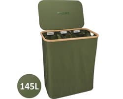 KROMS Wasmand 3 vakken - Olijfgroen - Inclusief NL & ENG Labels - Wassorteerder bamboe - Laundry basket - Wasmand met deksel - 145 L