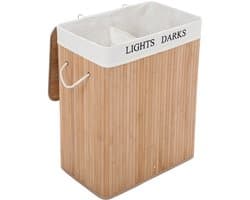Wasmand Vuile wasmand met deksel, uitneembare voering, katoenen handgrepen en 2 vakken, 100 liter opslagcapaciteit, geschikt voor wasruimte en slaapkamer, 51,5 x 31,5 x 60,5 cm,naturel