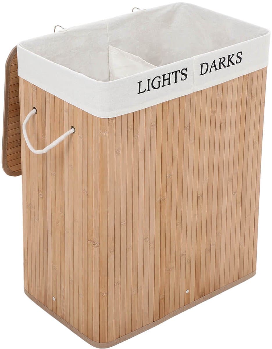 Wasmand Vuile wasmand met deksel, uitneembare voering, katoenen handgrepen en 2 vakken, 100 liter opslagcapaciteit, geschikt voor wasruimte en slaapkamer, 51,5 x 31,5 x 60,5 cm,naturel — afbeelding 1