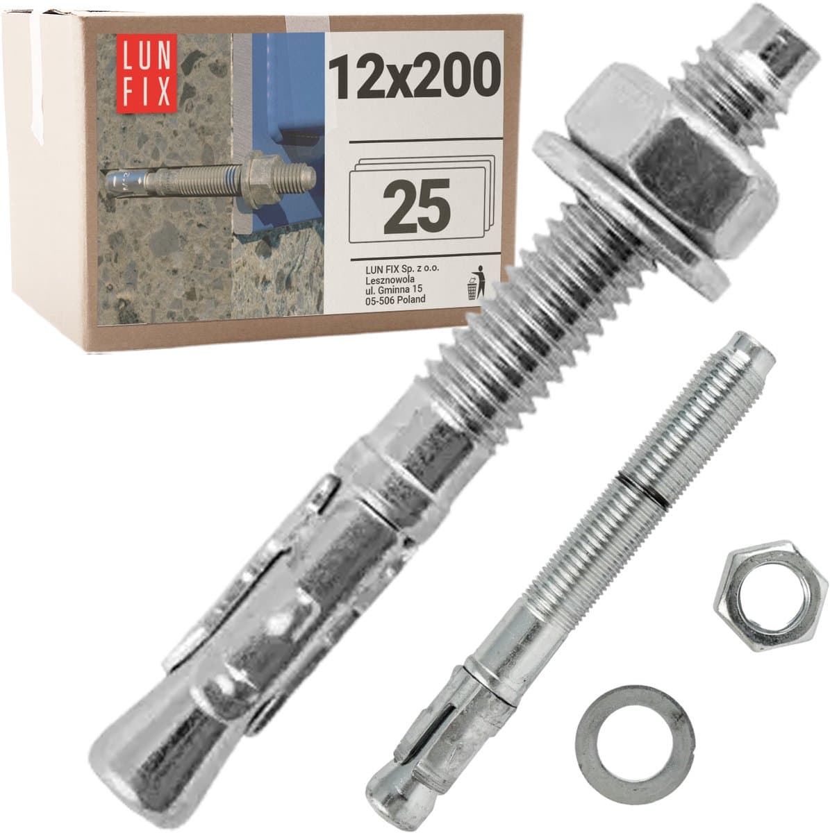 LUN FIX - Bolzenankers 12x200 mm - 25 stk - verzinkt staal - beton, pergola, hek, poortbevestiging — afbeelding 1