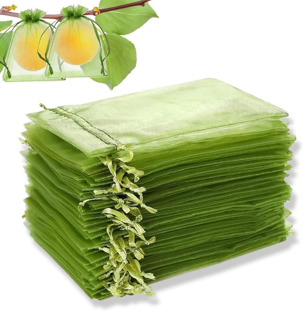 Fruitnet zakken 30 stuks met trekkoord - Organza tulezakken voor druiven en groenten - Bescherming tegen fruitvliegjes, wespen en vogels - 17 x 23 cm - Groen — afbeelding 1