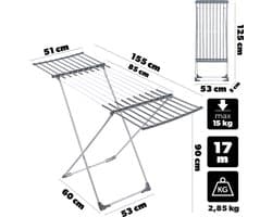 KADAX Uitschuifbaar droogrek met 17m droogoppervlak, Flexibele breedte van 85-155 cm, Groot droogrek voor binnen buiten (wit/grijs, 155 x 53 x 90 cm) — afbeelding 1