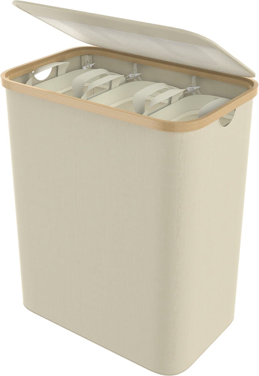 140 l wasmand van Oxford-weefsel, 3 vakken, afneembare wasverzamelaar met bamboeframe, opvouwbare waszak, wasboxen met handvat en deksel, wassorteerder, wasmand voor bijkeuken (beige) NAIZY — afbeelding 1