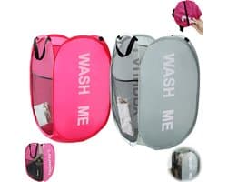 2 stuks - Wasmand van gaas met handvat - Opvouwbare wasmand van gaas - Opvouwbare wasmand - Opvouwbare waszak - Wasmand van gaas met handvat - Opbergdoos voor vuile was - Grijs, roze - Geschikt voor thuis, studentenkamers en op reis — afbeelding 1