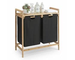 ACAZA Wasmand - 2 Vakken - Wassorteerder - 44 L - bamboe - 73,5 x 64, 5 x 33 cm - Zwart