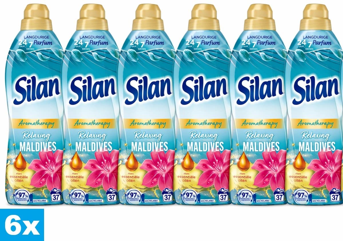 Silan Aromatherapy Relaxing Maldives Wasverzachter – 6 x 814 ml – 6 Stuks – 24u Geur – 222 Wasbeurten (6x37) – Voordeelverpakking — afbeelding 1
