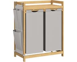 SONGMICS - Wasmand - 2 Vakken - Bamboe - 100 L - Wassorteerder - Met Legplank - Kleine Zijvakken - 2 x 50 L