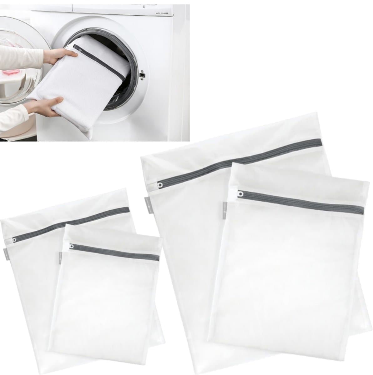 4 stuks Waszak van mesh (2+2)- ritssluiting - waszak voor lingerie - beschermzak voor kleding - 30*40cm-40*50cm - geschikt voor het wassen van delicate kleding, voor thuisgebruik - wit — afbeelding 1