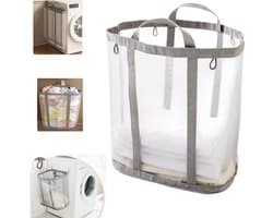 Opvouwbare ademende wasmand - waszak van gaas - wasmand voor het sorteren van kleding - waszak van gaas met handvat - opvouwbare wasmand - opvouwbare wasmand voor wandmontage - geschikt voor badkamer - studentenkamers - reizen - grijs — afbeelding 1