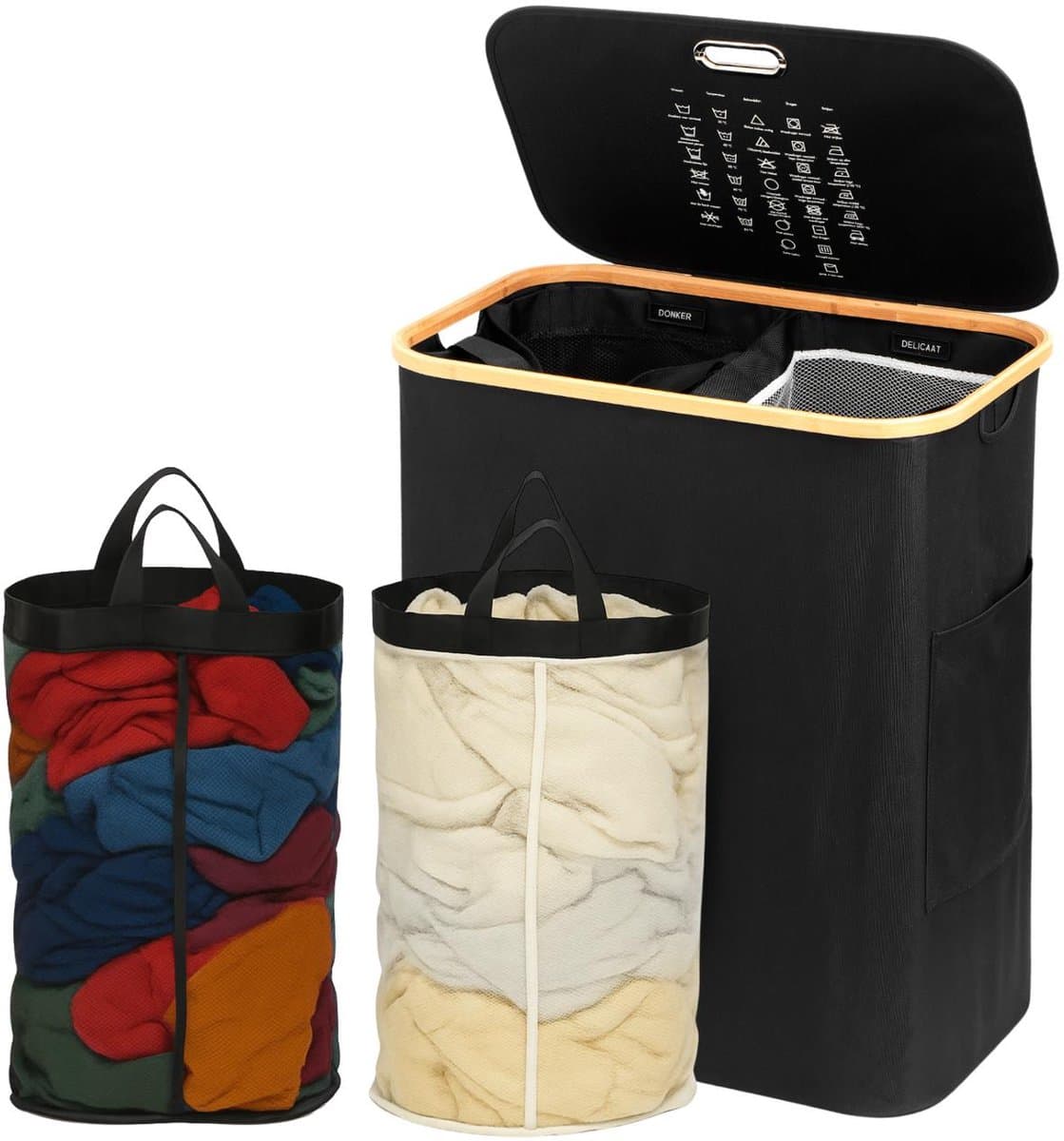 Wasmand 2 Vakken - 150L - Groot formaat - Met uitneembare Waszakken - Wasmand met Deksel - Sterk materiaal - Wassorteerder Zwart - Hanamura — afbeelding 1