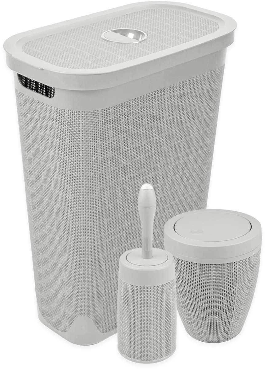 Set 'Hessian' - Wasmand 40 liter - Toiletborstel doseersysteem - Prullenbak swingdeksel - Lichtgrijs — afbeelding 1