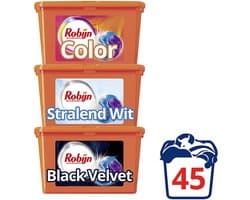 Robijn Color, Black Velvet en Stralend Wit 3-in-1 Wascapsules Pakket voor gekleurde, zwarte en witte was - 3 x 15 wasbeurten - Robijn