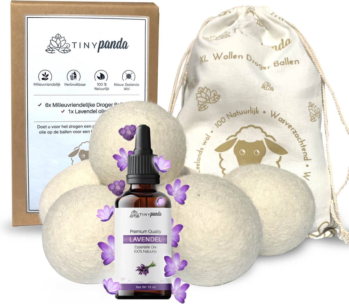 Droger Ballen XL 6 stuks inclusief lavendelolie – Zero waste Dryer Balls - Wasverzachter – Herbruikbare Drogerballen – Sneller drogen — afbeelding 1