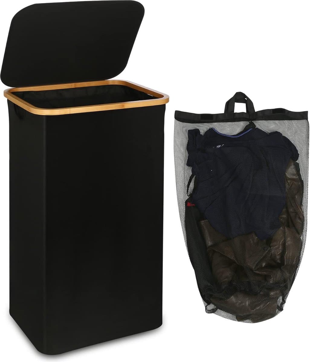 Grote wasmand met deksel, 100 L, vuile mand met handgrepen van bamboe, voor kleding, wasbak Laundry basket XXL, opvouwbaar, met binnenzak met Deksel | Wasbare wasmand | Handdoekopslag | Hamer | Wasbak | Badkameraccessoire — afbeelding 1