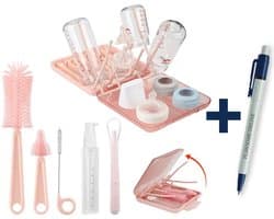 Flessen Droogrek Baby - Roze + Schoonmaakset - Baby Fles Schoonmaakset - Reis Set - BPA vrij + Pen
