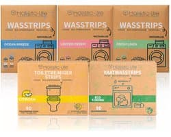 Wasstrips, Vaatwasstrips & WC Reiniger Strips Proefpakket - 3 Wasmiddel Geuren 3x20 Wasbeurten - 50 Vaatwasstrips - 50 Toiletreiniger strips