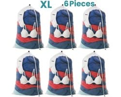NORDIX Waszak Groot XL - 60x90CM - Waszakken - 6 Stuks - Laundry Bag - Wasnet - Waszakje - Treksysteem - Trekbandsluiting - Polyester - Schoenenzak - WHITE