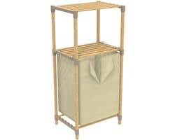 FixWood Houten Wasmand met Opbergplanken – Opbergrek met 2 Niveaus – Badkamer & Slaapkamer – Stijlvol & Stevig – Naturel