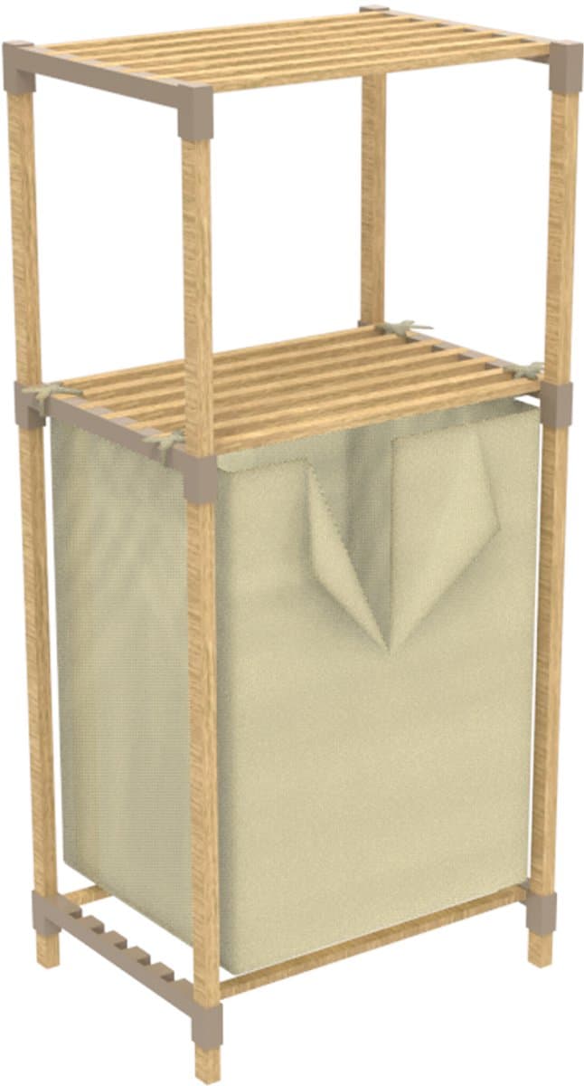 FixWood Houten Wasmand met Opbergplanken – Opbergrek met 2 Niveaus – Badkamer & Slaapkamer – Stijlvol & Stevig – Naturel — afbeelding 1
