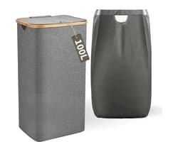 Wasmand met Deksel en Waszak - 100L - Groot Formaat - Wasmand - Opvouwbaar - Opbergmand - Linnen - Grijs — afbeelding 1
