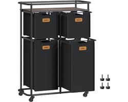 FurnStar - Wassorteerder - wasscheider met wielen - 150 liter - wasmanden - beweegbare waswagen met plank - 4 afneembare vakken - 6 etiketten - 72 x 33 x 109 cm - inktzwart-kastanjebruin — afbeelding 1