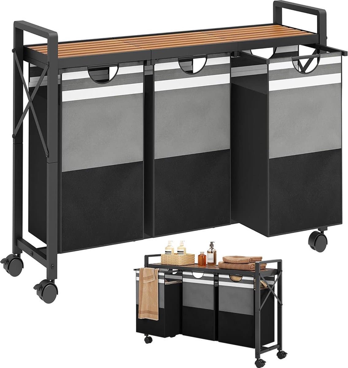 ApexArte® Wasmand 3 Vakken - Wassorteerder - 150L - Zwart met Grijs — afbeelding 1