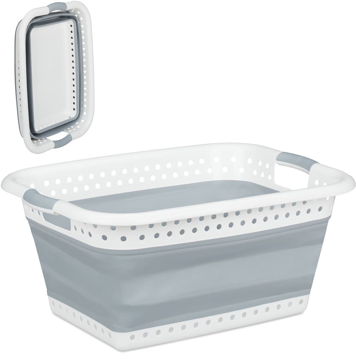 opvouwbare wasmand - met handgreep - kunststof en siliconen - 37 liter - grijs — afbeelding 1