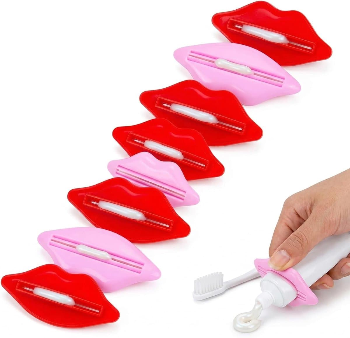 Tubeknijpers set 8 stuks - kunststof - nude roze en rood - efficiënt gebruik voor tubes - ShopVlot — afbeelding 1