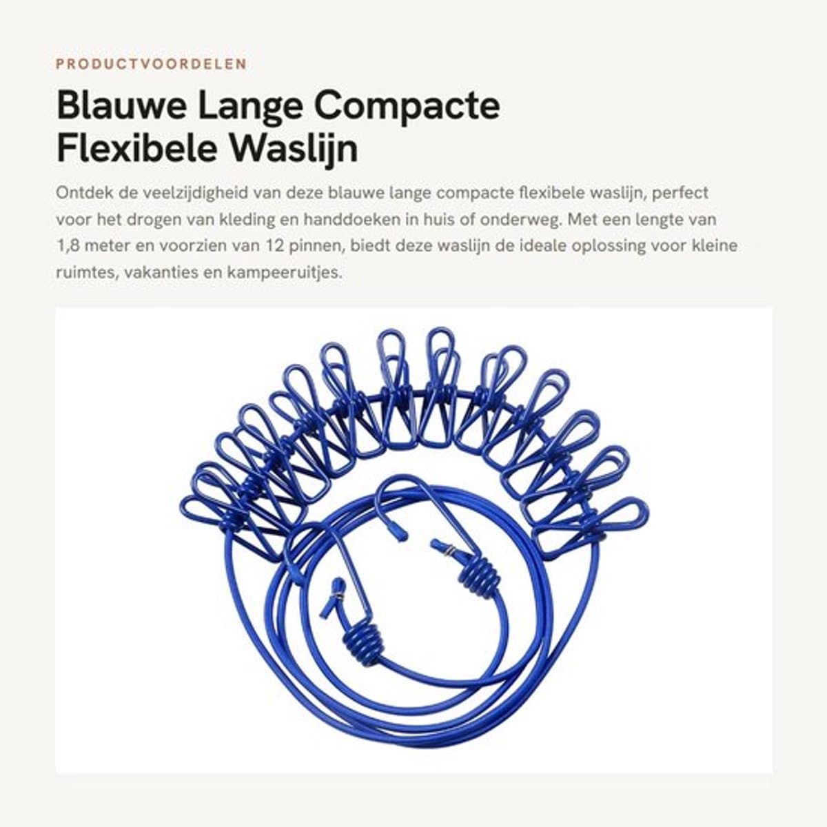 Waslijn Uittrekbaar - Compact - 1,8 m - 12 Pinnen - Haken - Draagbaar - Ideaal voor Vakantie - Drooglijn — afbeelding 1