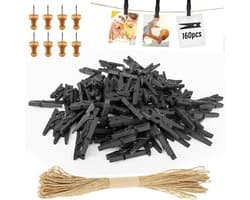 SnelShoppen - 168pcs Mini Houten Klemmen Zwart - Kleine Kledinghangers voor Foto's met 10m Jute Touw - DIY Decoratie voor Bruiloft, Feest, Fotowand en