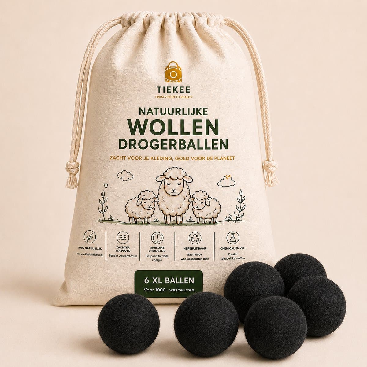 Drogerballen XL - 6 Stuks - 100% Nieuw-Zeelandse Schapenwol - Herbruikbare Wasdrogerballen - Natuurlijk Alternatief voor Wasverzachter - Helpt Droogtijd te Verkorten & Energie te Besparen - Inclusief Gratis Lavendel Geurolie - Zwart — afbeelding 1