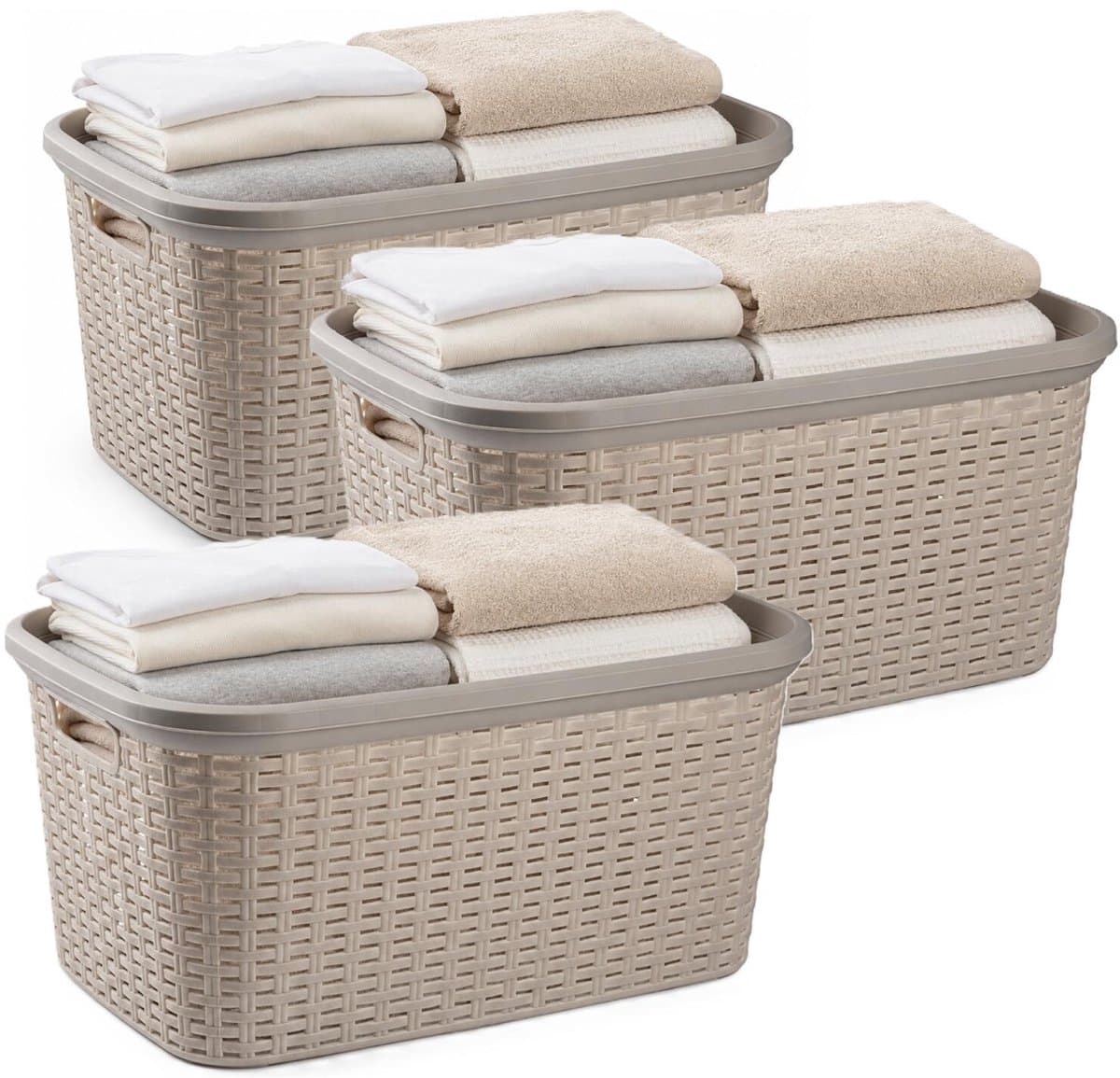 Plasticforte Wasmand - 3x - 35 liter - rotan - beige - kunststof - 53 x 36 x 26 cm - draagmand - met handvatten - lichtgewicht — afbeelding 1
