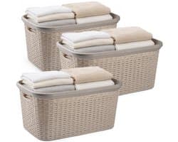 Plasticforte Wasmand - 3x - 35 liter - rotan - beige - kunststof - 53 x 36 x 26 cm - draagmand - met handvatten - lichtgewicht
