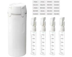 4-in-1 navulbare reisdispenserflessen, reisflessen om te vullen, reisdispenser met schaal en etiket, herbruikbare reisgadgets, dispenserflessen voor shampoo, lotion, douchegel, spoeling (wit)